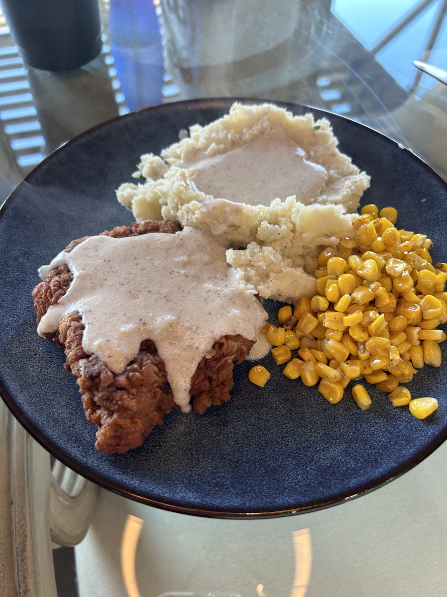 Country Gravy - served over mashed potatoes and chicken fried steak with corn.