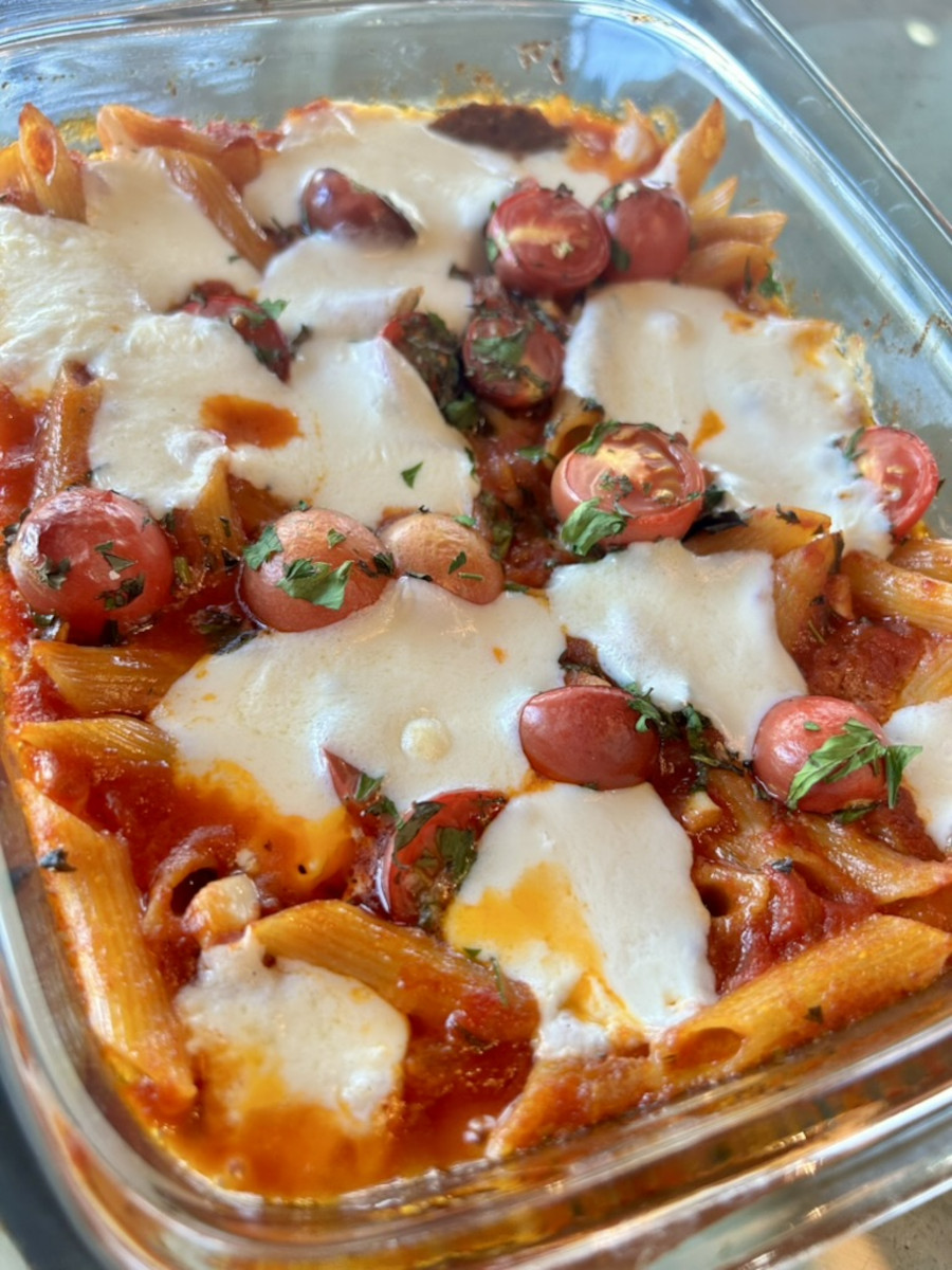 Baked Penne Pomodoro - tomatoes are roasted and mozzarella is melted