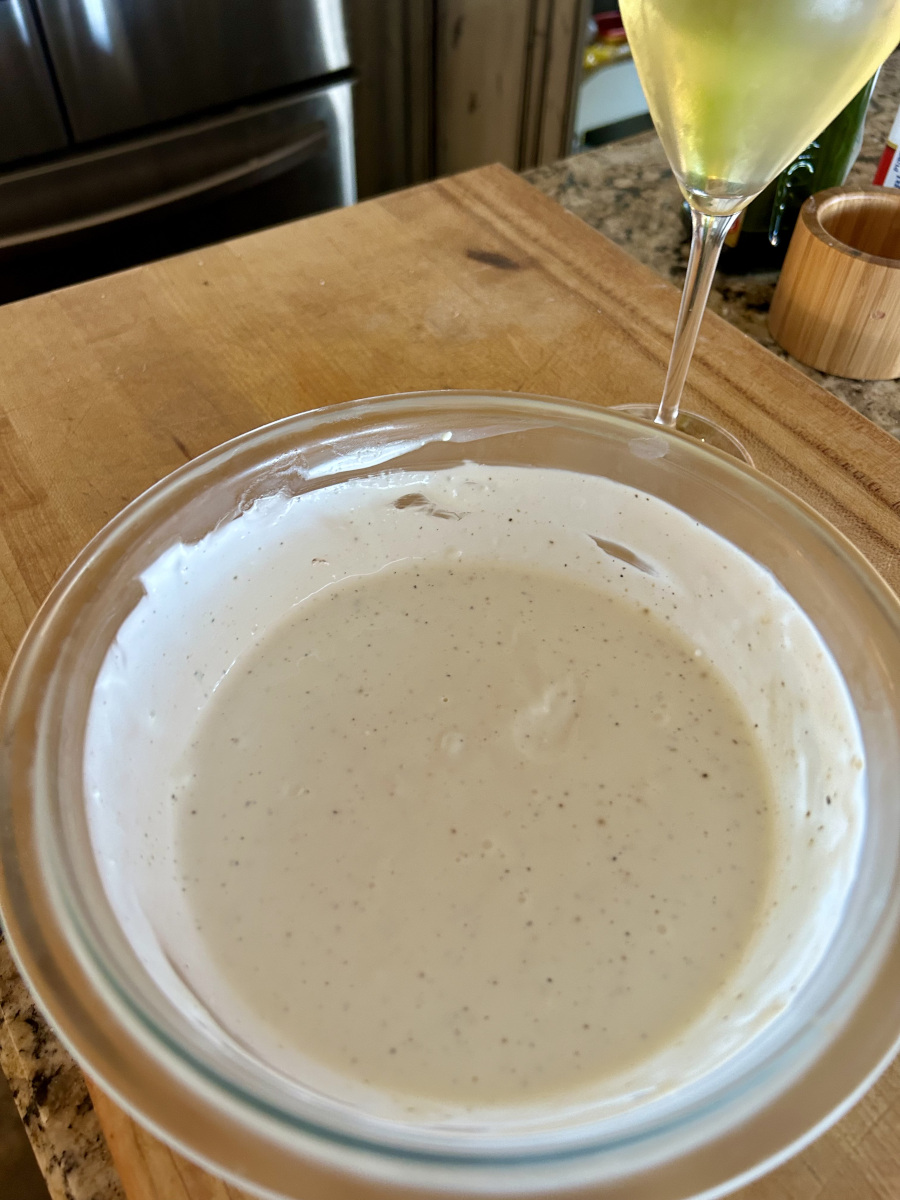 Blue Cheese Buttermilk Dressing in a glass bowl.