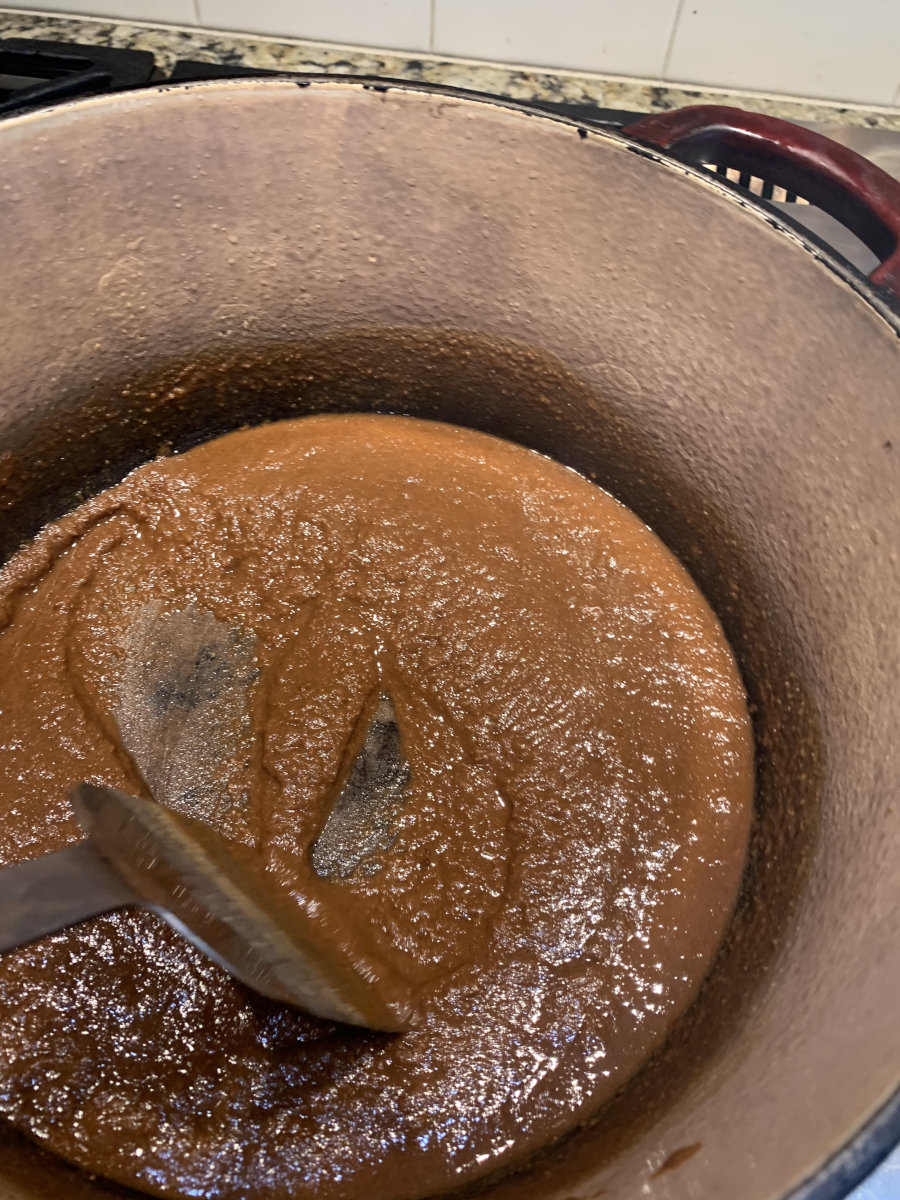Dark Roux - dark colored roux in a Dutch oven.