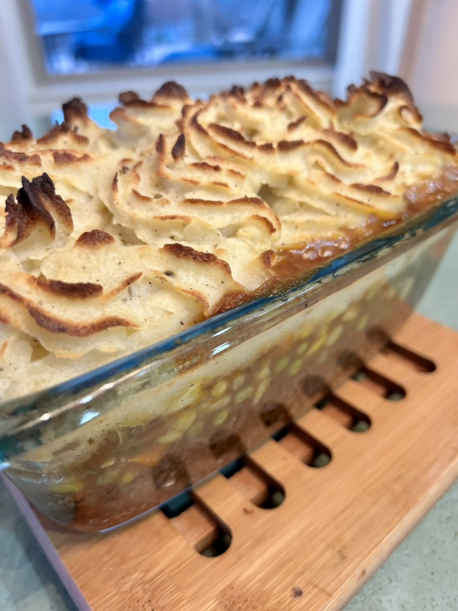 Cottage Pie, baked until bubbly and golden-brown.