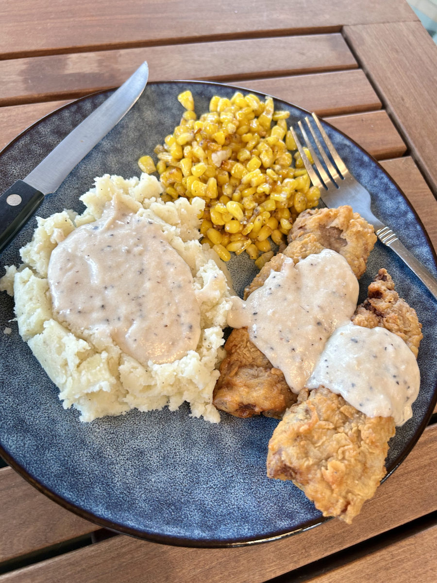 Country Fried Steak - served with mashed potatoes, country gravy and corn.