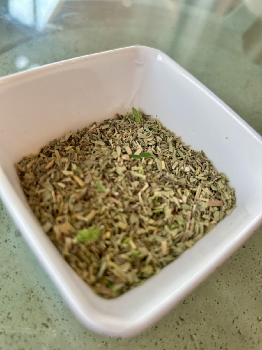 Herbs de Provence is a savory blend of thyme, basil, rosemary, tarragon, summer savory, marjoram, oregano, and bay leaf.