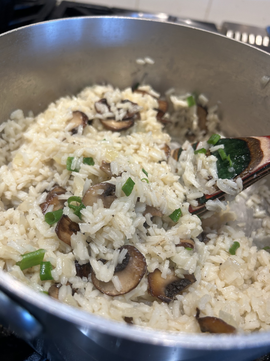 Savory Rice & Mushrooms - White rice cooked in chicken stock with onions and sautéed mushrooms.