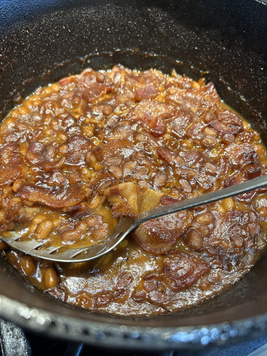 Smoked Baked Beans - Navy beans smoked in a sweet and spicy sauce with bacon.