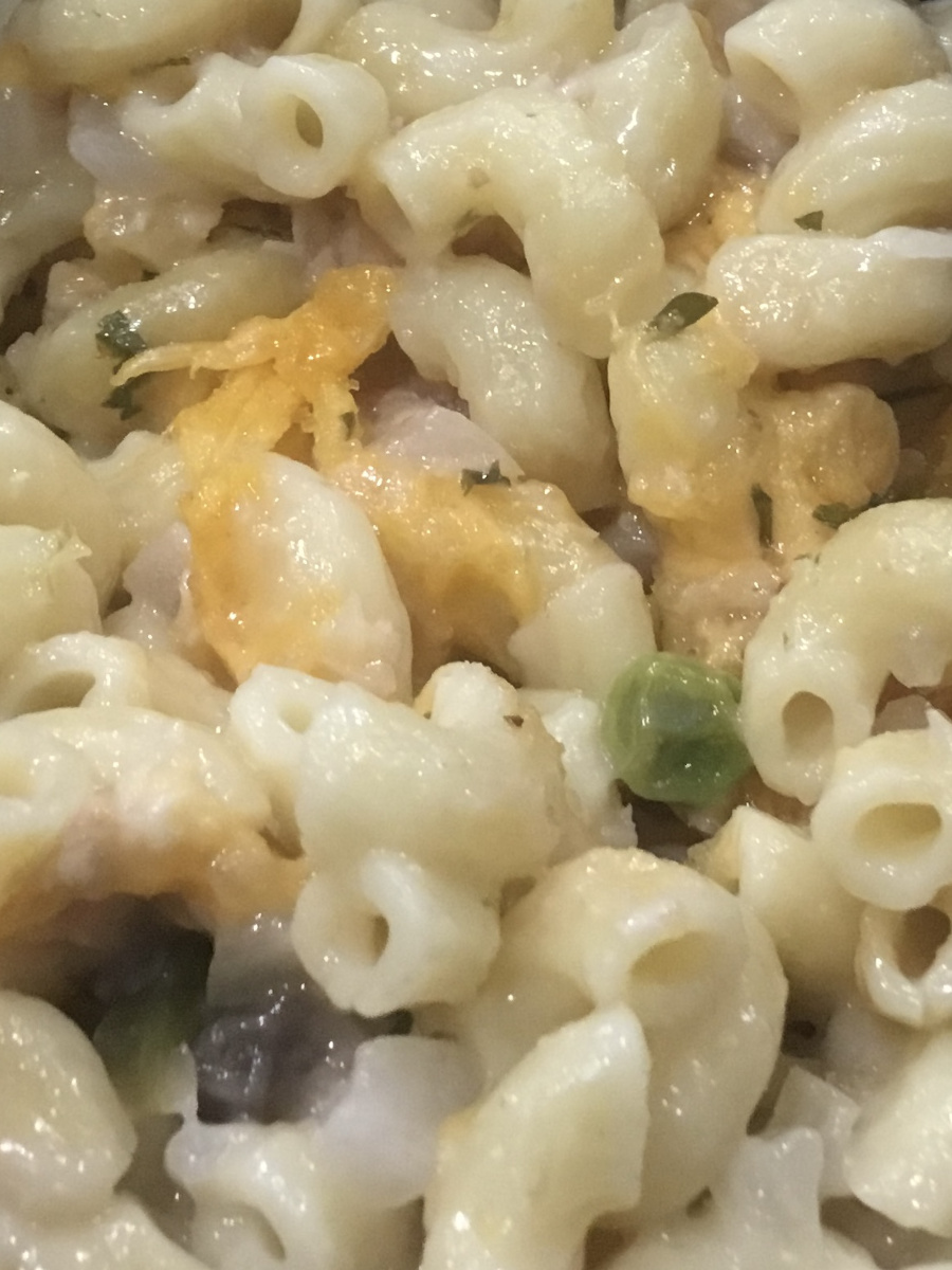 Tuna Mac Casserole with cheese, mushrooms, and peas.