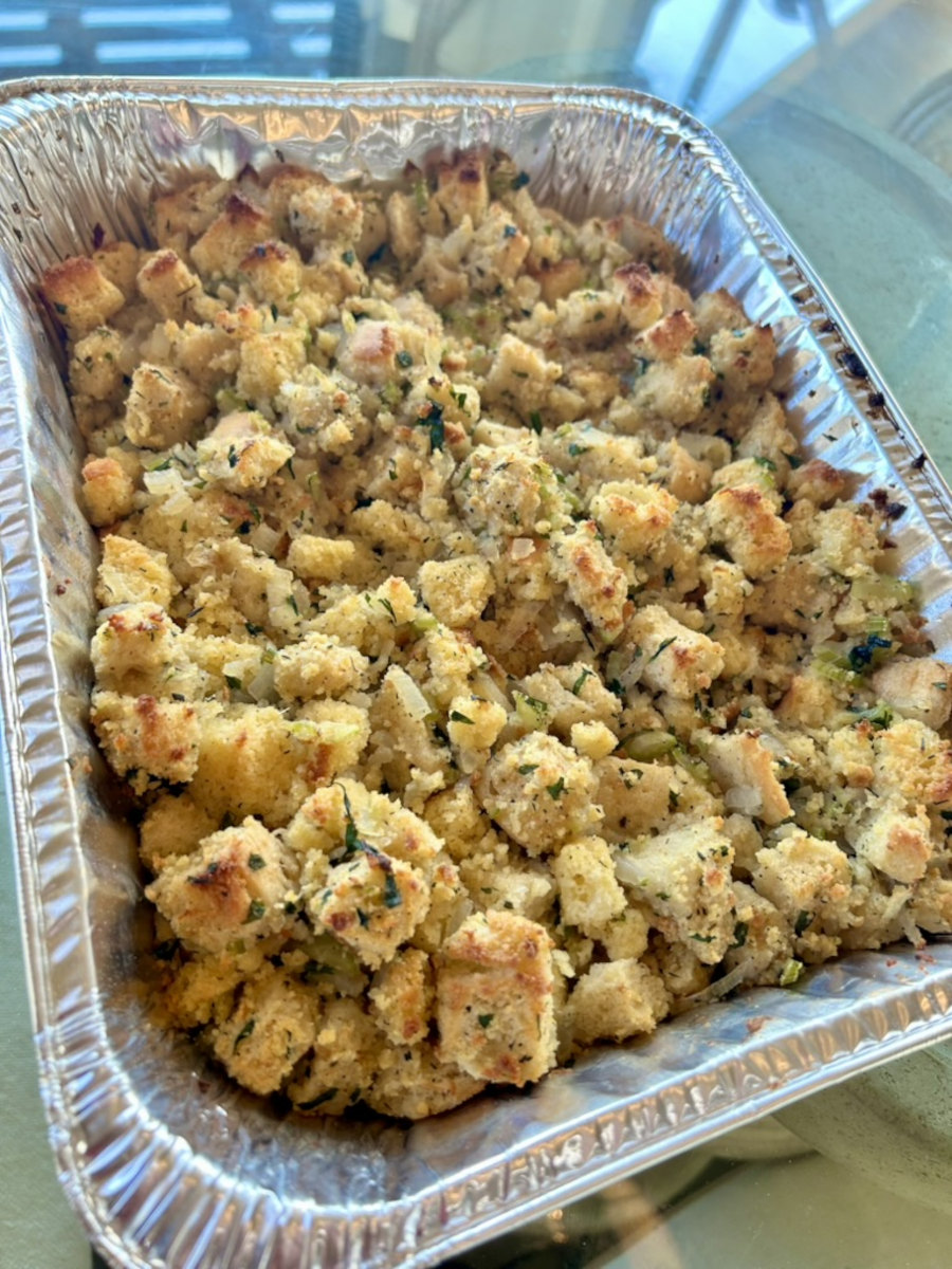 Remove browned stuffing from the oven, cover and keep warm until ready to serve.